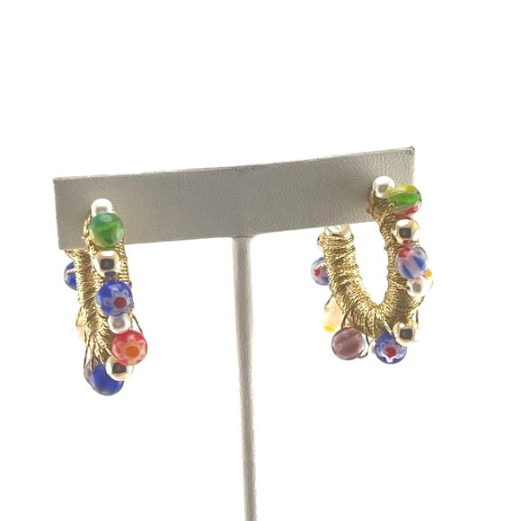 Handcrafted Gold-Tone Beaded Hoop Earrings Colorful Murano Glass Beads & Pearls - Picture 7 of 8